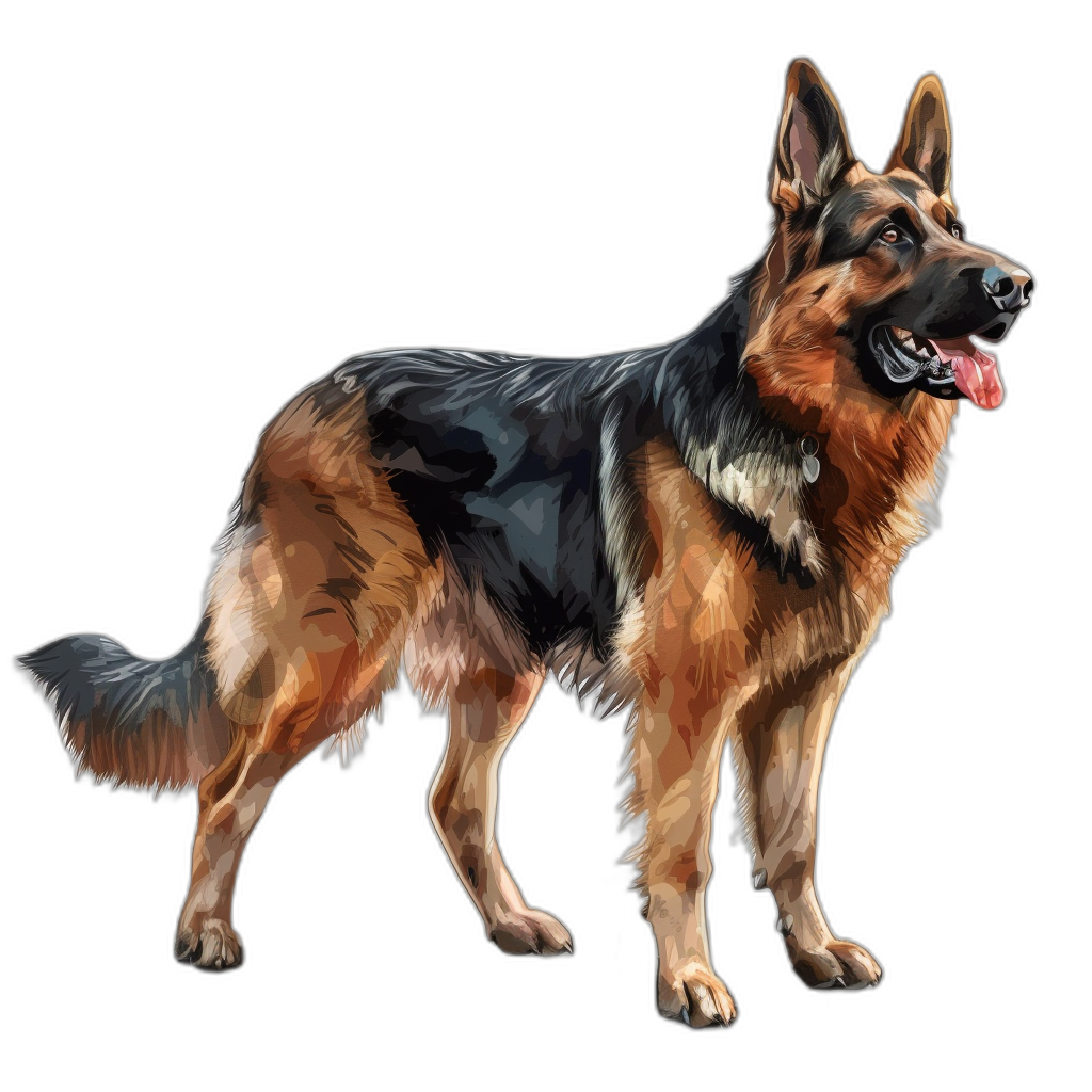 A German Shepherd dog standing, vector illustration, full body shot on a black background, digital art in the style of watercolor and oil painting, detailed