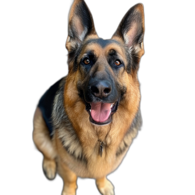 photo of a happy German Shepherd looking at the camera, isolated on a black background, in the style of high resolution photography