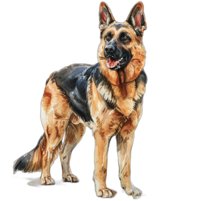 german shepherd full body, detailed watercolor, clean black background, design for shirt