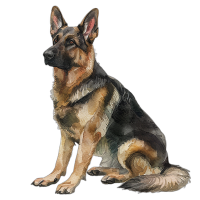 Watercolor style, German Shepherd sitting down with its head tilted to the side on black background