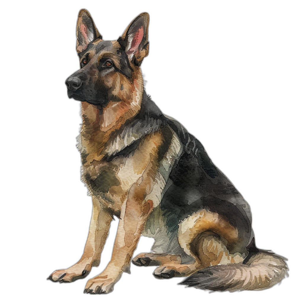 Watercolor style, German Shepherd sitting down with its head tilted to the side on black background