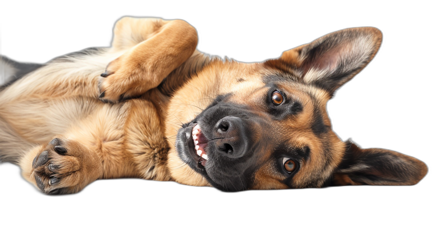 A playful German Shepherd lying on its back, looking up at the camera with an adorable smile and droopy ears isolated against black background, Photorealistic, Highly Detailed Photo Realism Delicate Photograph, Studio Lighting