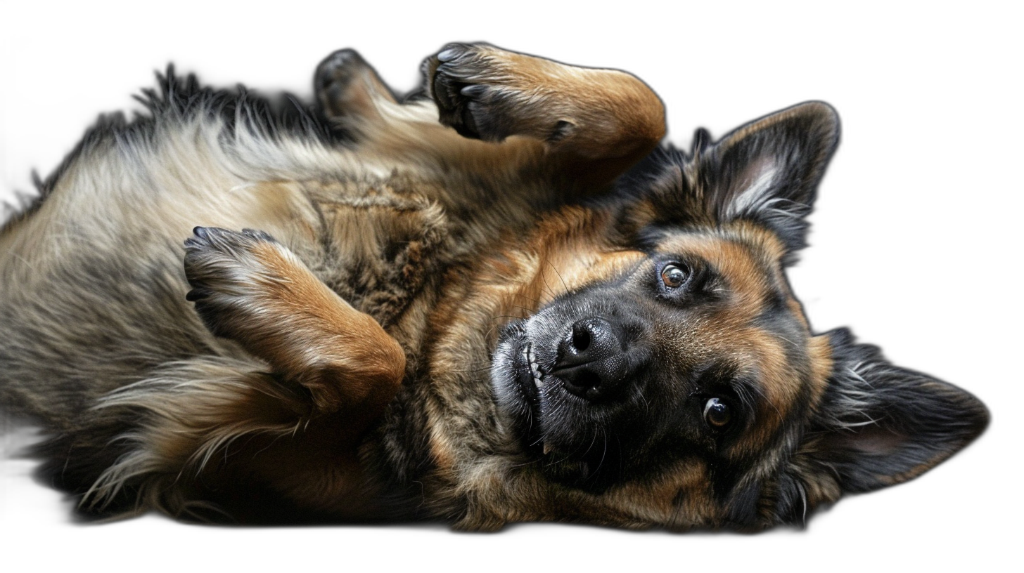 A German Shepherd dog lying on its back, playing and rolling around with its paws in the air on a black background, with the photo taken in the style of Canon dslr camera, an ultra realistic photographic style at f/8.