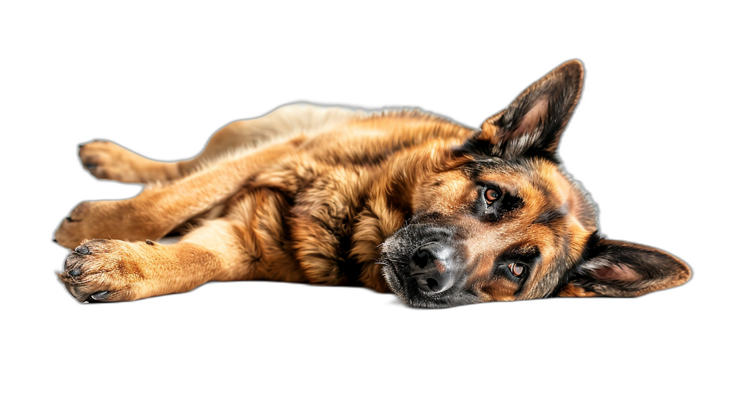 A photorealistic photo of a German Shepherd dog lying down on its side, looking at the camera with one paw raised as if trying to pet itself against an isolated black background.