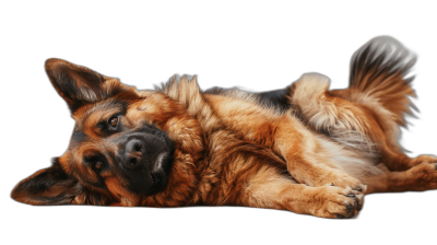 A playful German Shepherd dog lying down, captured in full body with its head tilted back and tail raised against a black background, in a photorealistic style, shot from the side using a Canon EOS R5 camera with an RF 80mm f/2 lens for detailed fur texture.