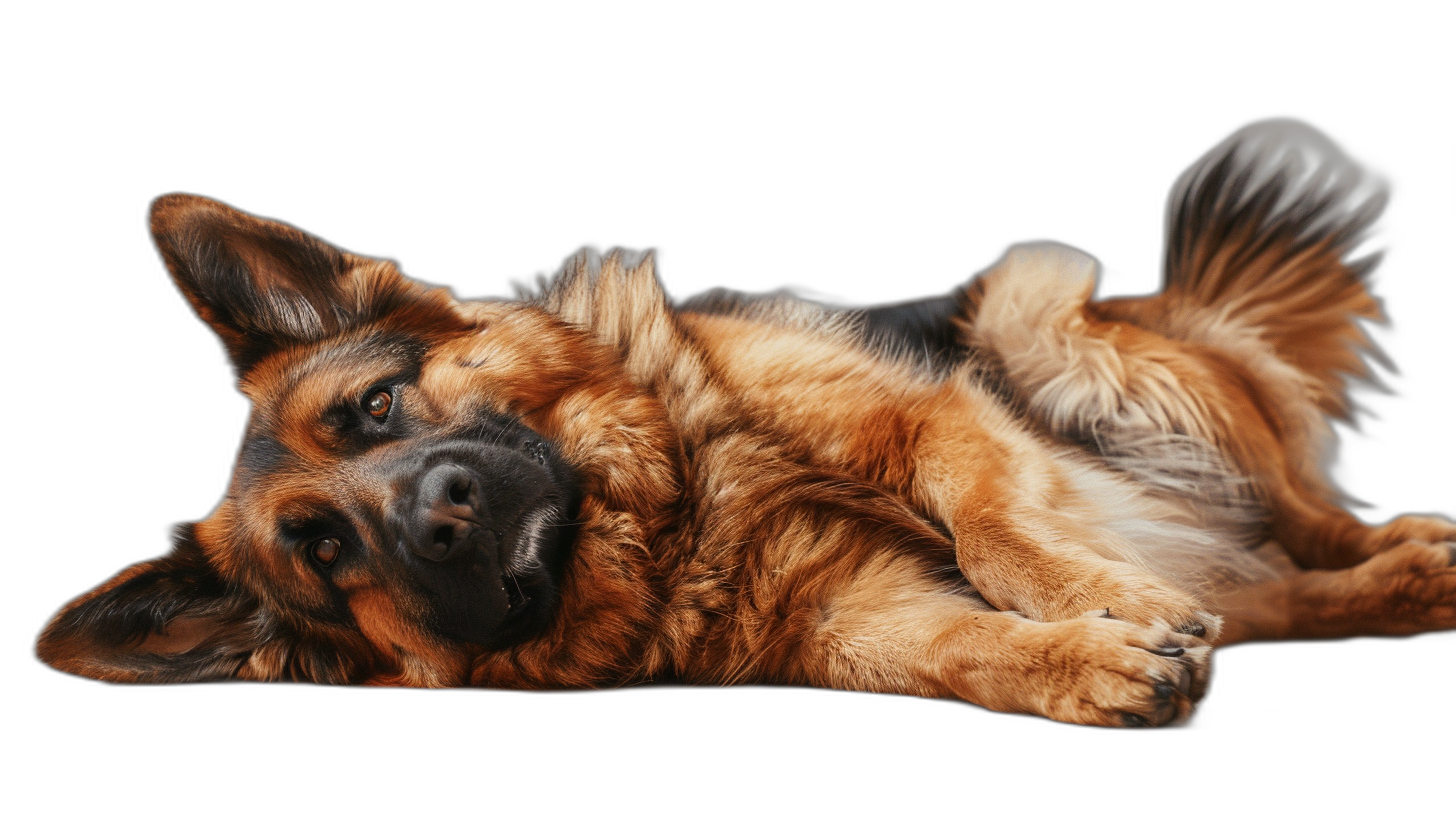 A playful German Shepherd dog lying down, captured in full body with its head tilted back and tail raised against a black background, in a photorealistic style, shot from the side using a Canon EOS R5 camera with an RF 80mm f/2 lens for detailed fur texture.