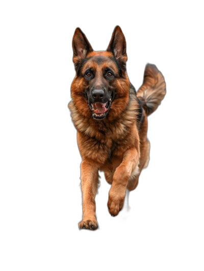 a full body photo of an happy German Shepherd running towards the camera, isolated on black background, ultra realistic photography