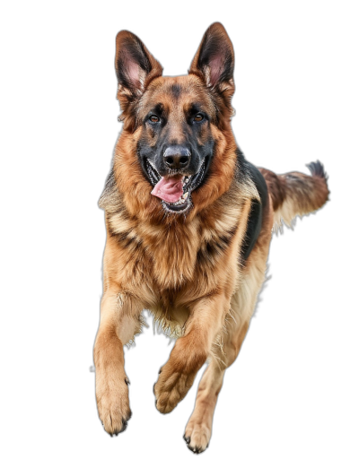 A full-body photo of a smiling German Shepherd running towards the camera, isolated on a black background, in the style of an ultra-realistic photograph.