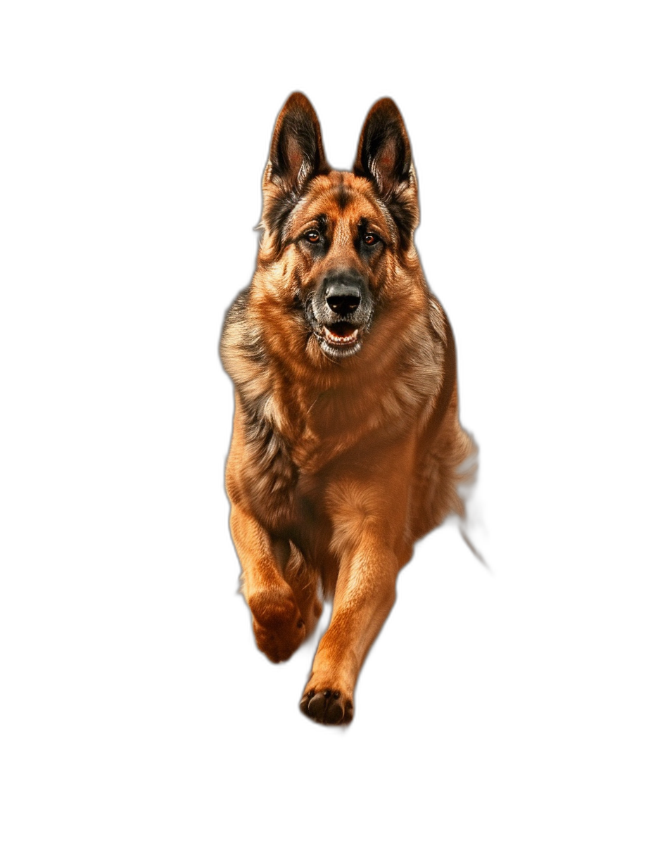 Create frontal picture of an German Shepherd running towards the camera, isolated on black background, ultra realistic photography