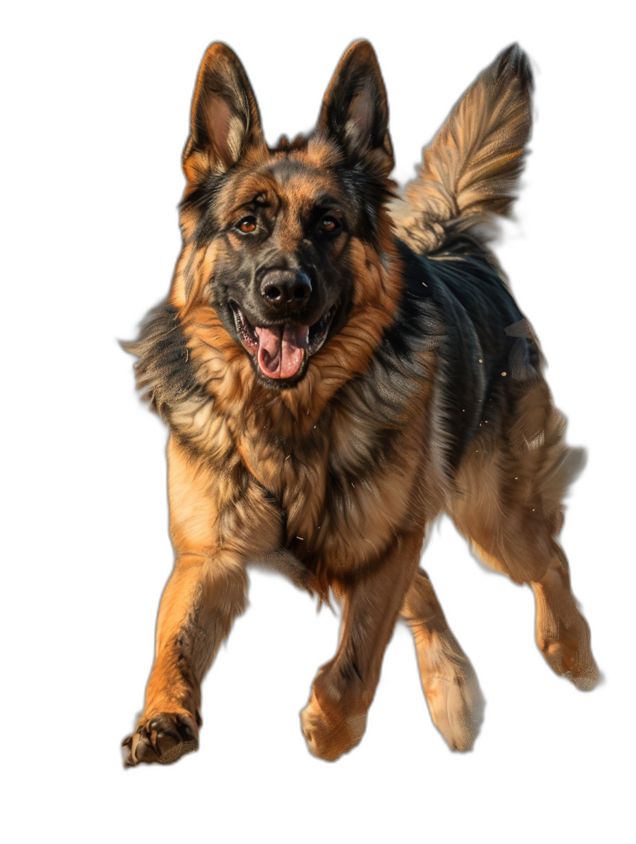 A full body photo of an happy German Shepherd running towards the camera, isolated on black background, ultra realistic photography