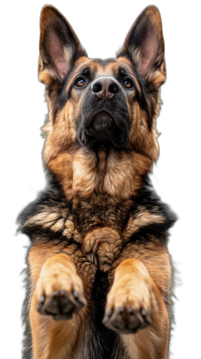 A German Shepherd dog with its front paws hanging in the air, looking up at you on black background, symmetrical pose, high resolution photography, hyperrealistic, bokeh effect, canon eos r5