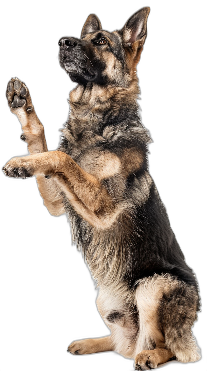 A German Shepherd dog standing on its hind legs, doing the high five gesture with his front paws raised in air, full body, photo realistic, isolated black background