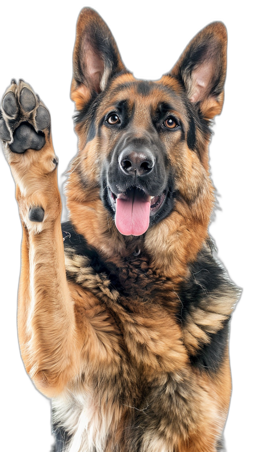 high resolution photograph of an excited German Shepherd dog, raising one paw to high five with its front paws on a black background in the style of an excited German Shepherd dog, raising one paw to high five with its front paws on a black background