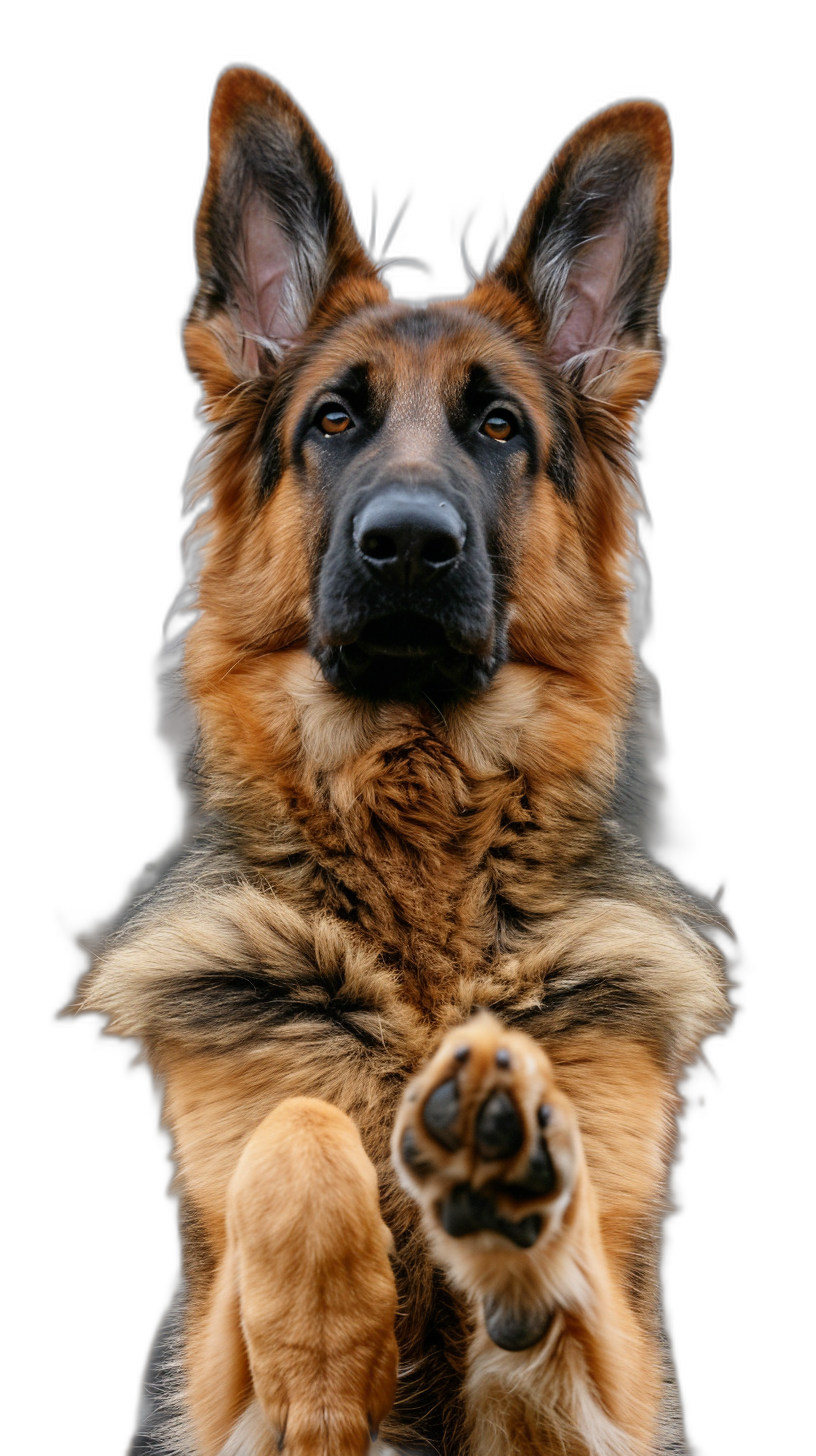 A German Shepherd dog raising its front paws to pose, black background, photorealistic style with high detail and perfect focus on the face of the cute german shepherd dog, with his two back legs visible below him