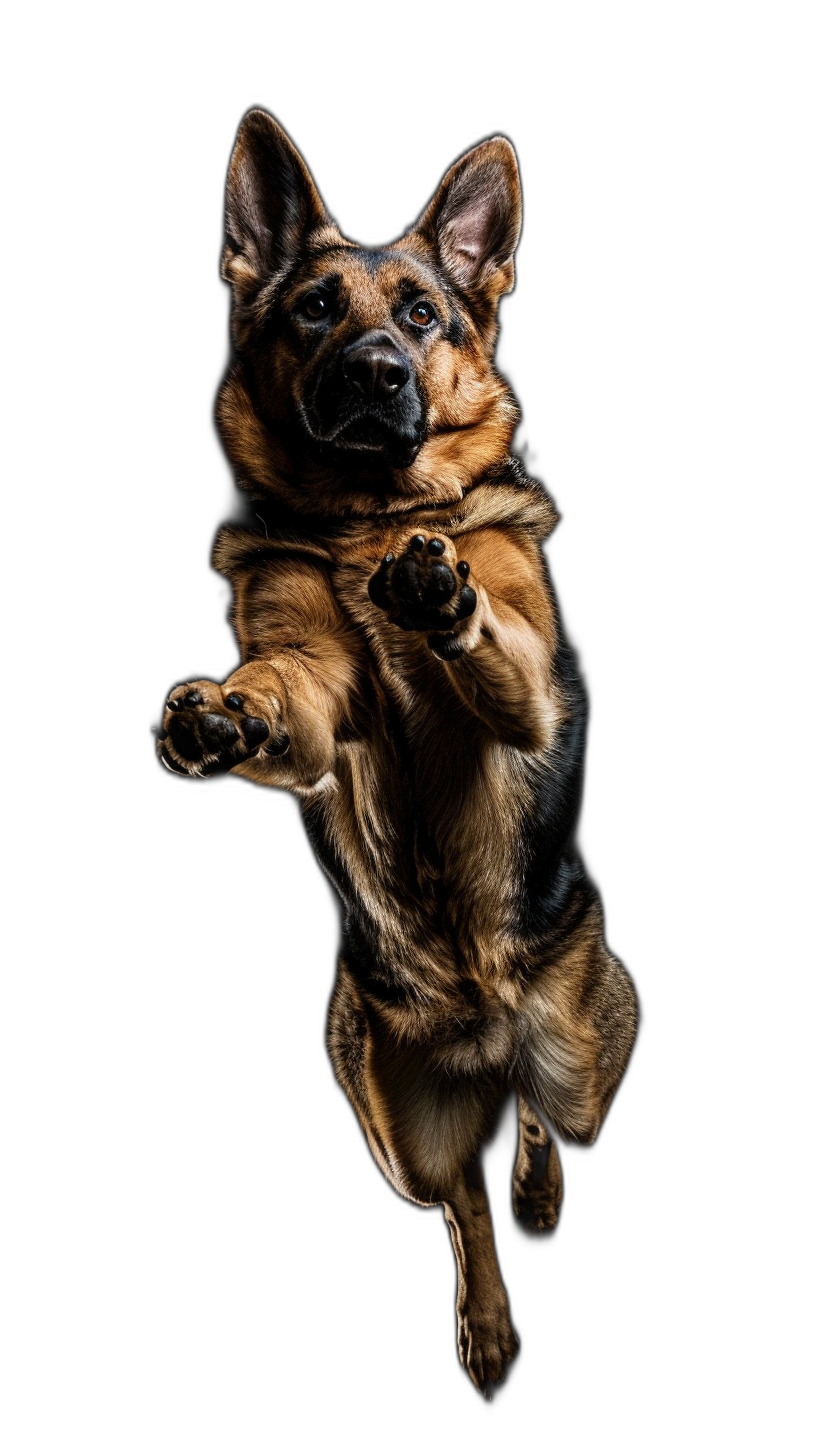 A German Shepherd dog is jumping in the air, captured from below with its paws outstretched and front feet raised against a black background in a full body portrait photograph.