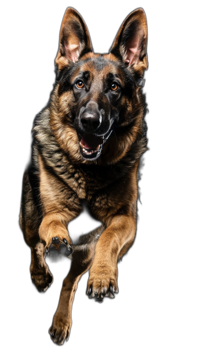 A majestic German Shepherd in midair, captured with dynamic lighting against an allblack background for a striking effect., focus on face