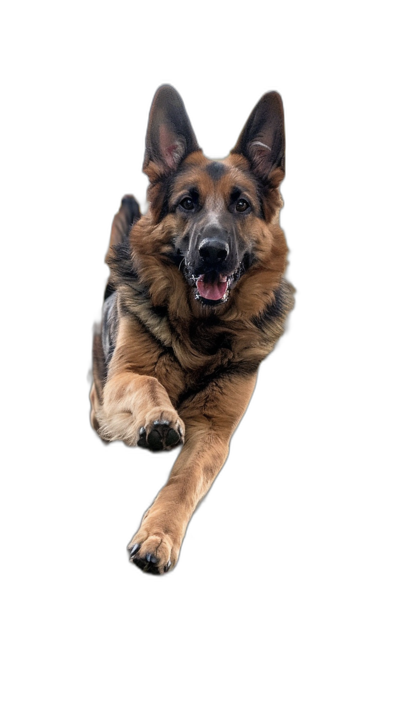 A German Shepherd dog is flying in the air, with its front paws hanging down and eyes focused on something below it. The background of black color is completely blank without any other elements or objects. This photo was taken using Canon EOS R5 camera with an ultrawideangle lens. It showcases a professional photography style. Ultrarealistic rendering effect.