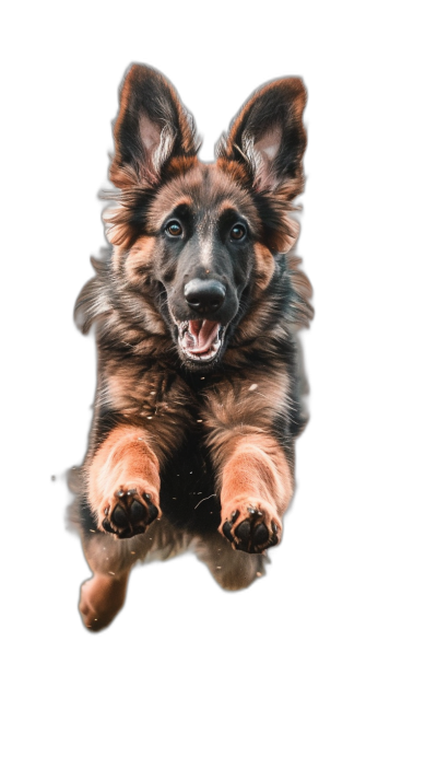 A cute German Shepherd puppy, captured in midair with its paws outstretched and its mouth open as if it is ready to catch something, against the backdrop of a black background. The photo is taken from an overhead perspective, showcasing the dog's entire body.