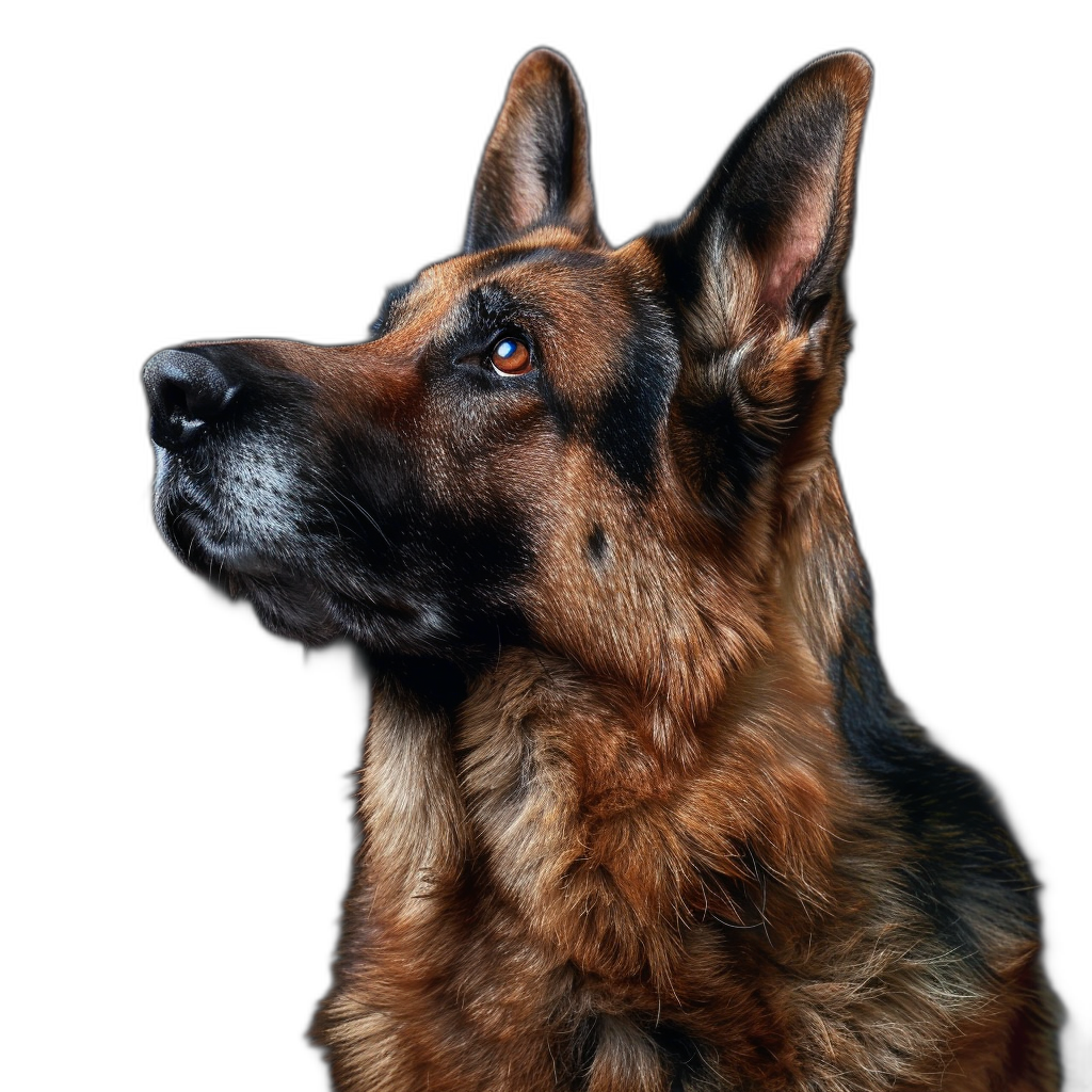 Create an ultrarealistic photograph of the face and upper body of A German Shepherd looking to its right, black background, closeup shot, high resolution photography