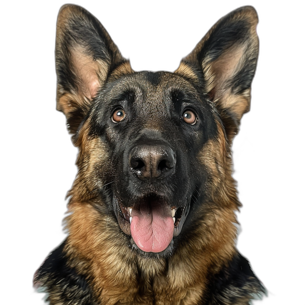 Portrait of a happy German Shepherd dog with its tongue out, looking at the camera isolated on a black background. A photorealistic photographic portrait in the style of photography.