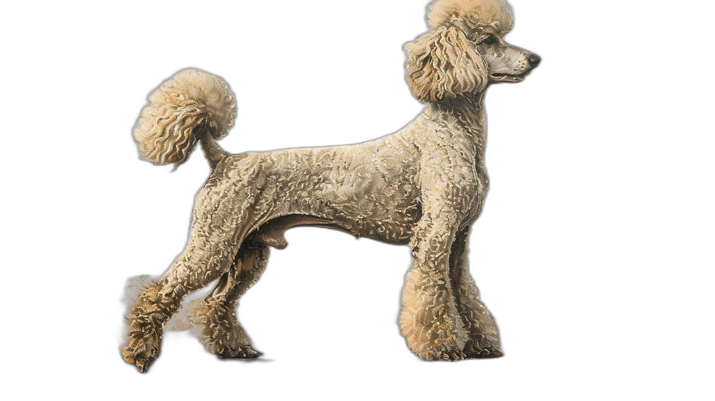 Photo of full body side view poodle dog standing on black background, highly detailed and sharp photo, high resolution, high definition, high quality, high contrast, high color saturation, natural lighting, natural colors, professional photography, very realistic, very detailed