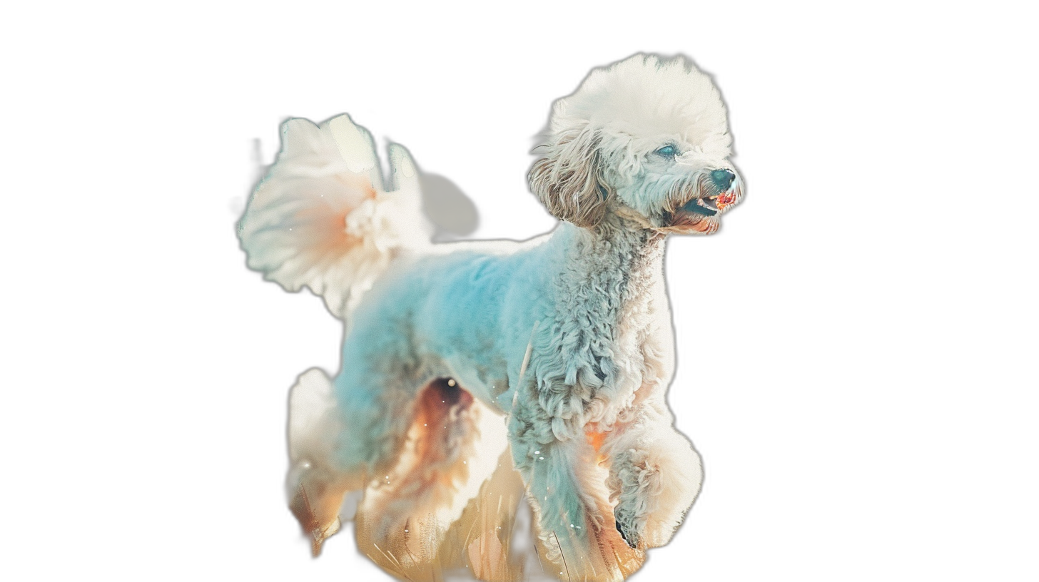 White poodle dog in motion, full body, flying on a black background, in the style of [Artgerm](https://goo.gl/search?artist%20Artgerm) and [Greg Rutkowski](https://goo.gl/search?artist%20Greg%20Rutkowski), with hyperdetailed, hyperrealistic details, like an octane render, of a 3D model, captured with high resolution photography.