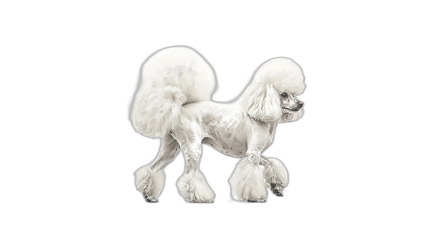 A white poodle dog walking full body on a black background, a detailed illustration in the style of airbrush art, with watercolor and oil painting styles and an intricate design featuring deep colors and bright lightness with super detail in high resolution, isolated on a white background.