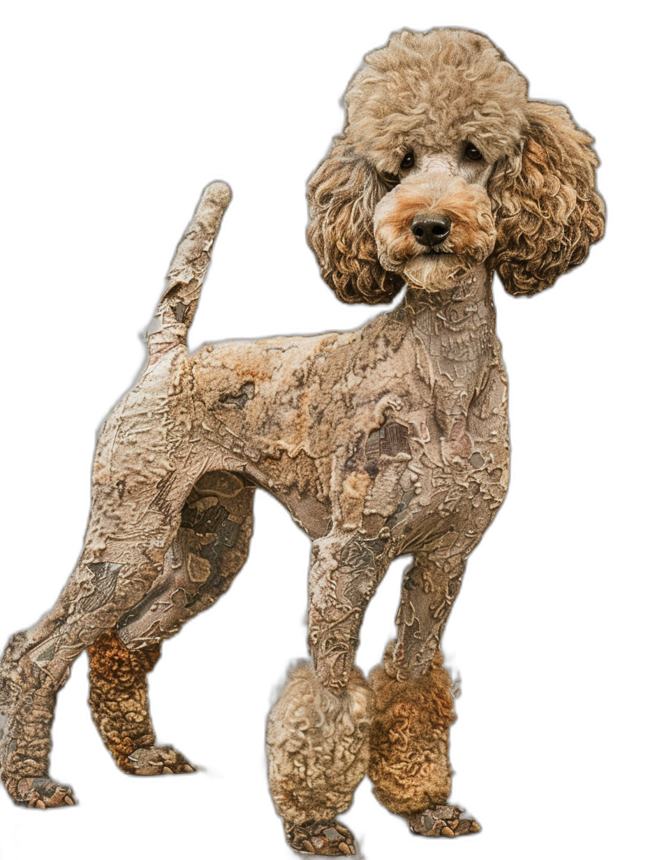 A full body poodle dog with an all-over detailed texture of wood, isolated on a black background, digital art in the style of [Amanda Sage](https://goo.gl/search?artist%20Amanda%20Sage) and [James Jean](https://goo.gl/search?artist%20James%20Jean), psychedelic surrealism, detailed texture, high resolution.