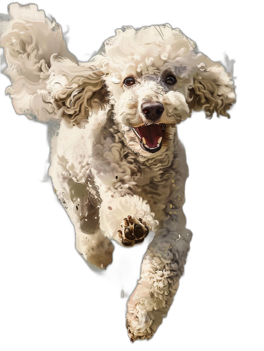 white poodle dog running, black background, detailed digital art, floating in the air, cute happy face, fluffy fur