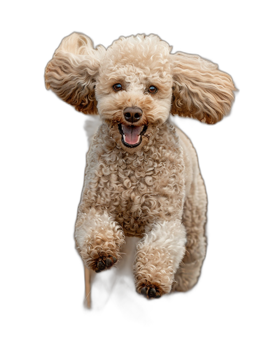 Poodle, running in the air with a happy expression and big ears raised up, on a black background, in a full body shot, in the style of high definition photography.