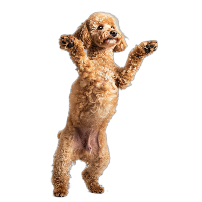 A full body photo of an happy Poodle standing on its hind legs, with paws raised in the air, isolated against black background, studio photography, hyper realistic photograph, hyper detailed