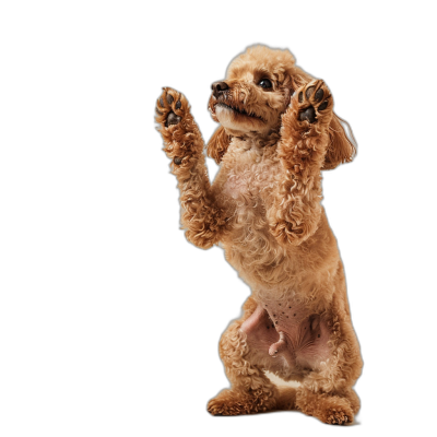 A brown poodle dog standing on its hind legs, raising both front and back feet in the air to give high fives, with a black background, in the style of hyper realistic photography.