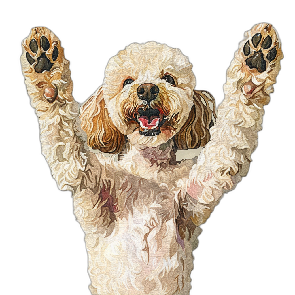 a happy cream colored goldendoodle doing the bear pose with his arms raised above her head, vector art illustration on black background, detailed, high resolution