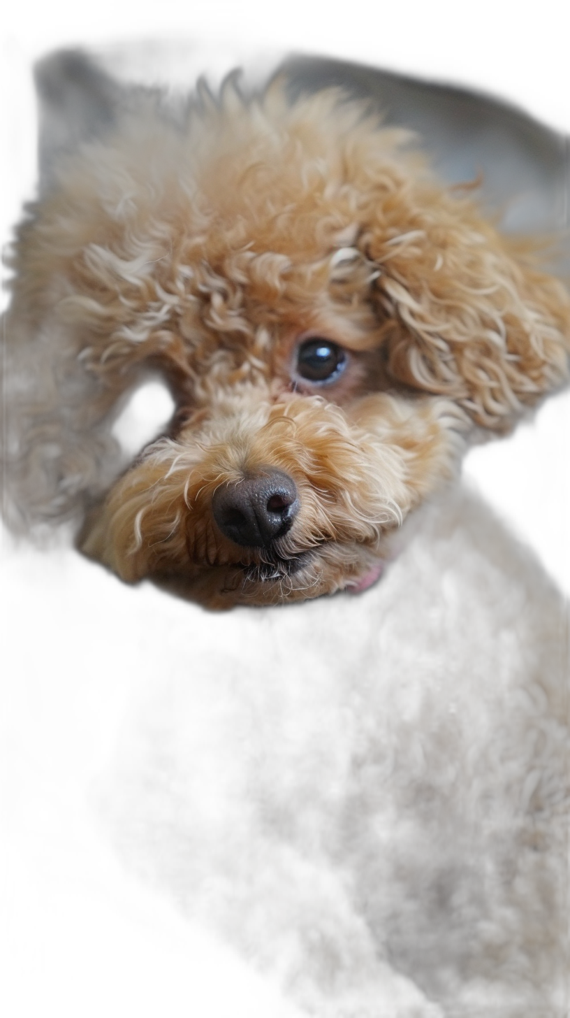 A cute poodle, head closeup, soft light and shadow on the face, dark background, real photography style, high definition details of small pet photo