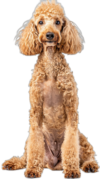 a full body photo of an adorable light brown poodle sitting up, looking at the camera with his head tilted to one side and mouth open on black background, Award winning photography, professional color grading, soft shadows, no contrast, clean sharp focus digital photography