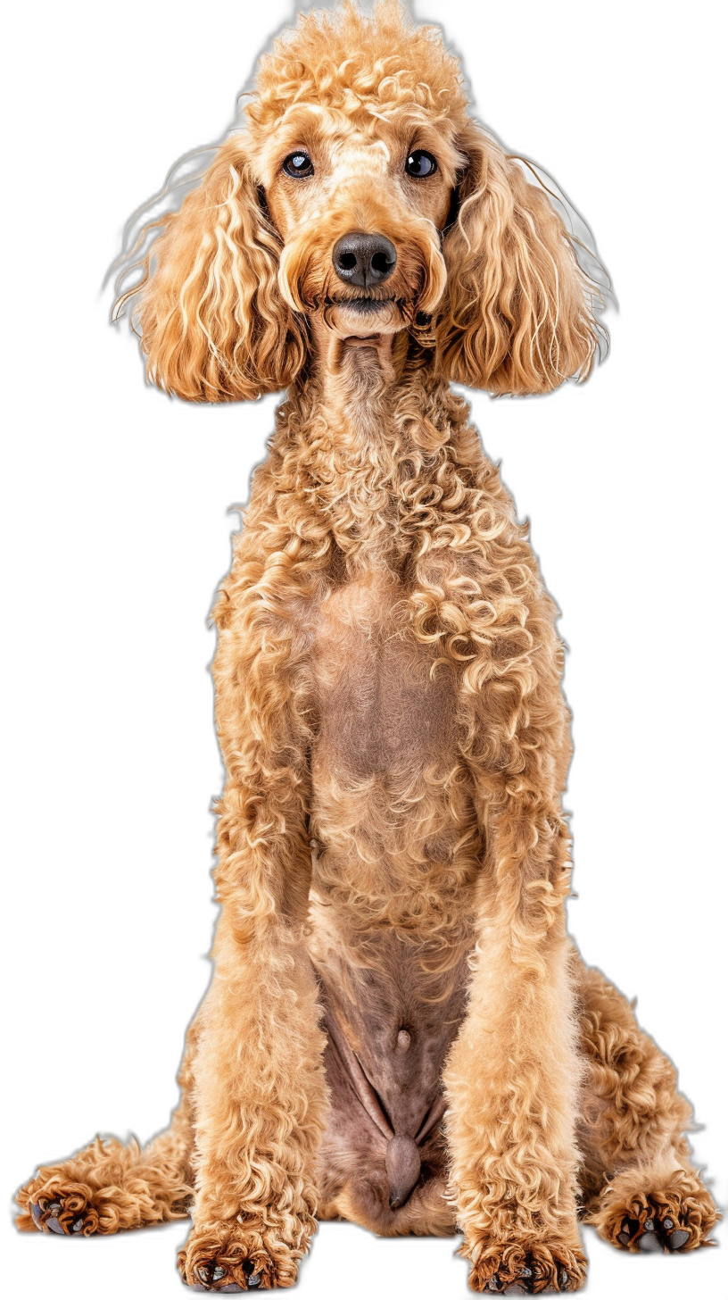 a full body photo of an adorable light brown poodle sitting up, looking at the camera with his head tilted to one side and mouth open on black background, Award winning photography, professional color grading, soft shadows, no contrast, clean sharp focus digital photography