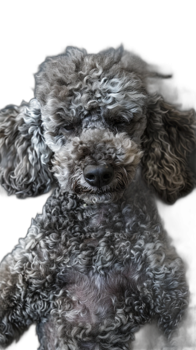 Photorealistic portrait of a gray poodle, full body, looking at the camera, dark background, shot with Canon EOS R5 at F2 and ISO300 in the style of an unnamed artist.