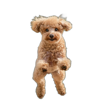 A cute light brown poodle is jumping in the air, with its front feet on a black background, in a real photographic style, with high definition details and high resolution images.