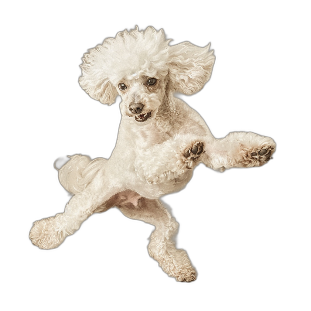 A white poodle jumping in the air against a black background, in a full body shot captured in the style of hyper realistic photography.