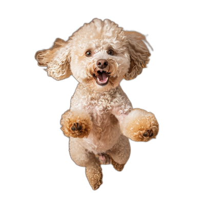 A photo of happy, smiling Poodle dog jumping up in the air on black background, view from above with paws spread out