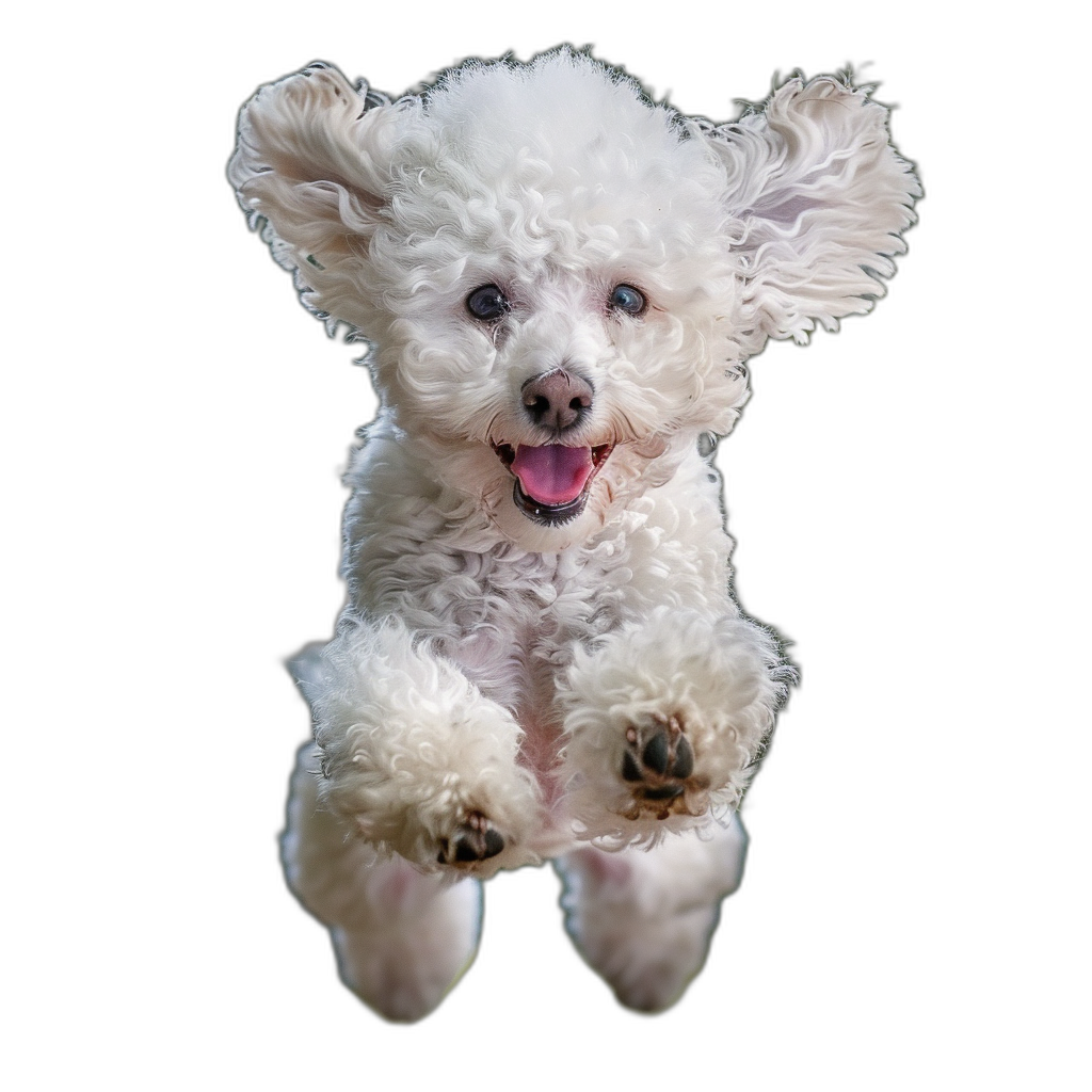 A white poodle dog is jumping up, with its front feet hanging in the air and looking at you from above. The photo has high definition resolution, black background, and professional photography. It was taken in the style of Sony A7R IV camera using an F/8 aperture setting to capture every detail of his fur.