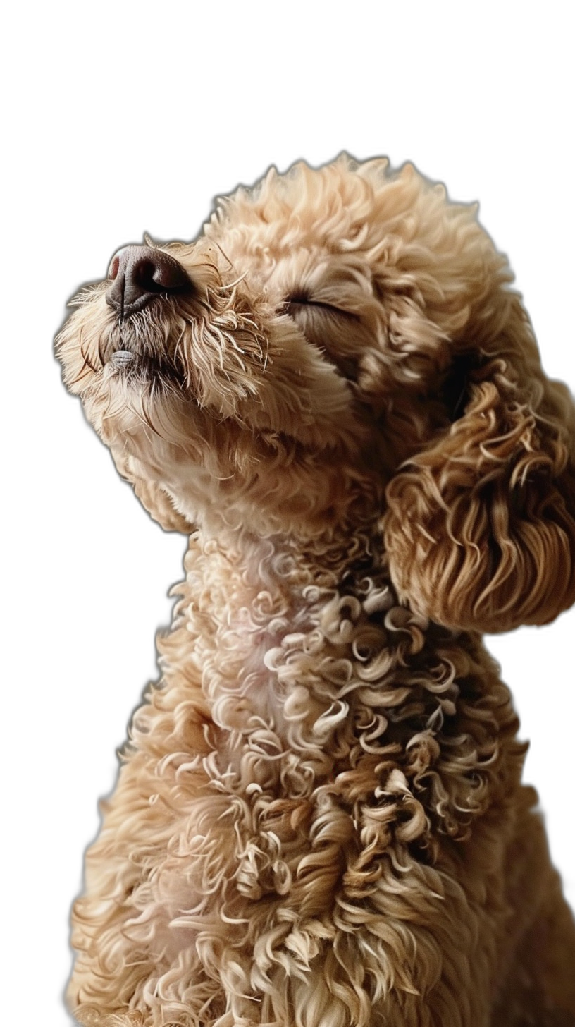 A light brown poodle barking, closeup of the head and neck, eyes closed, side view, black background, high definition photography. The poodle is depicted in the style of high definition photography with a minimal amount of editing to the original text. Any Chinese characters were removed.