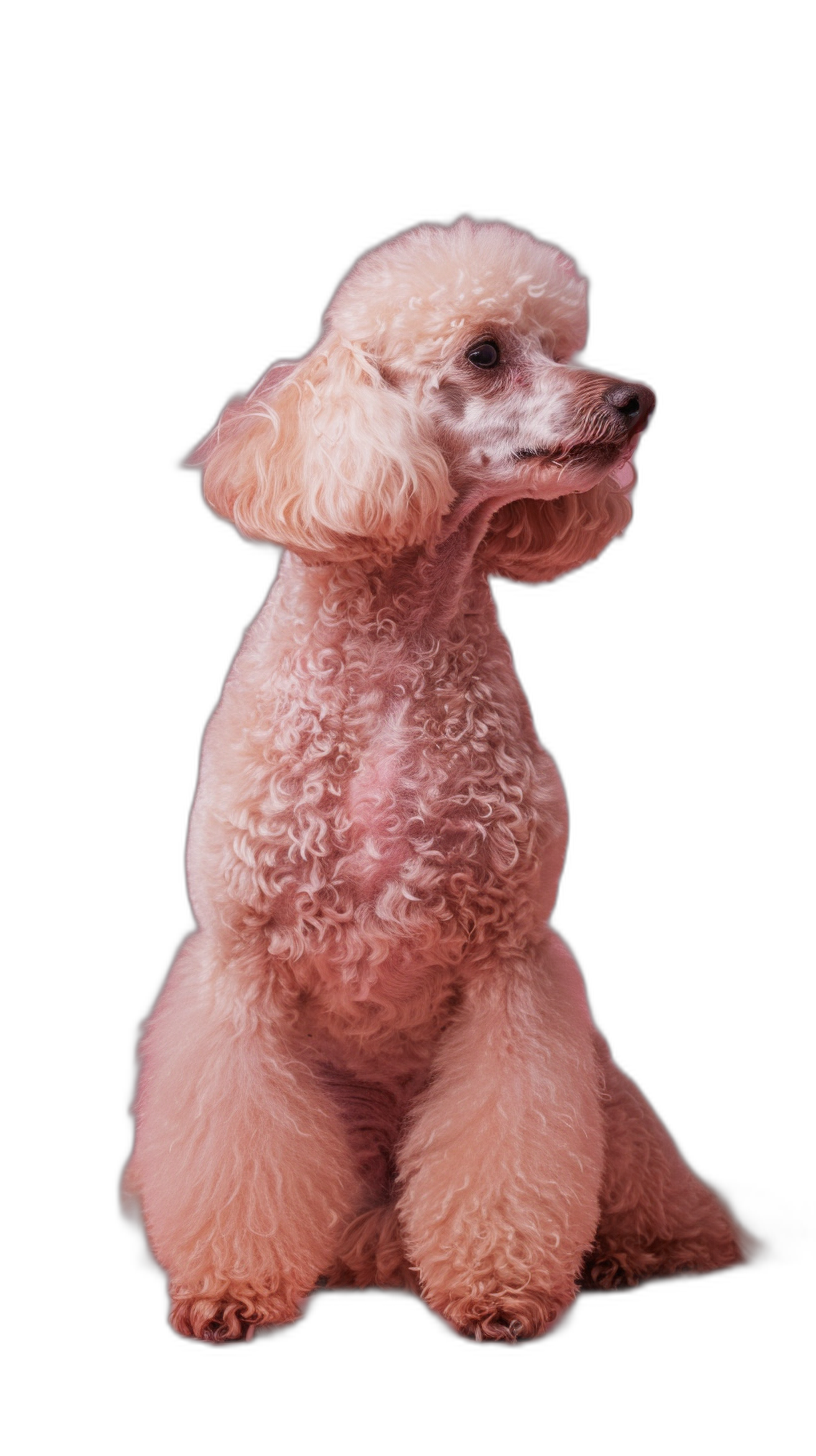 A light pink poodle dog sitting in the style of posture, whole body against a black background, photographed in high definition detail.