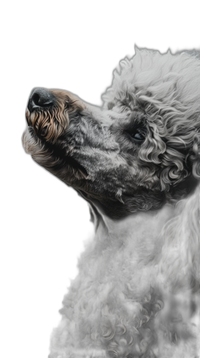 Photorealistic portrait of a poodle, looking up with its mouth open on a black background, from the side view, with detailed fur and skin texture, natural lighting, and global illumination. The portrait is in the style of a photorealistic artist.