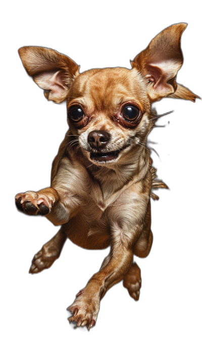 A Chihuahua jumping in the air, with a cute face and big eyes, against a black background, in the style of hyperrealistic photography, with high definition.