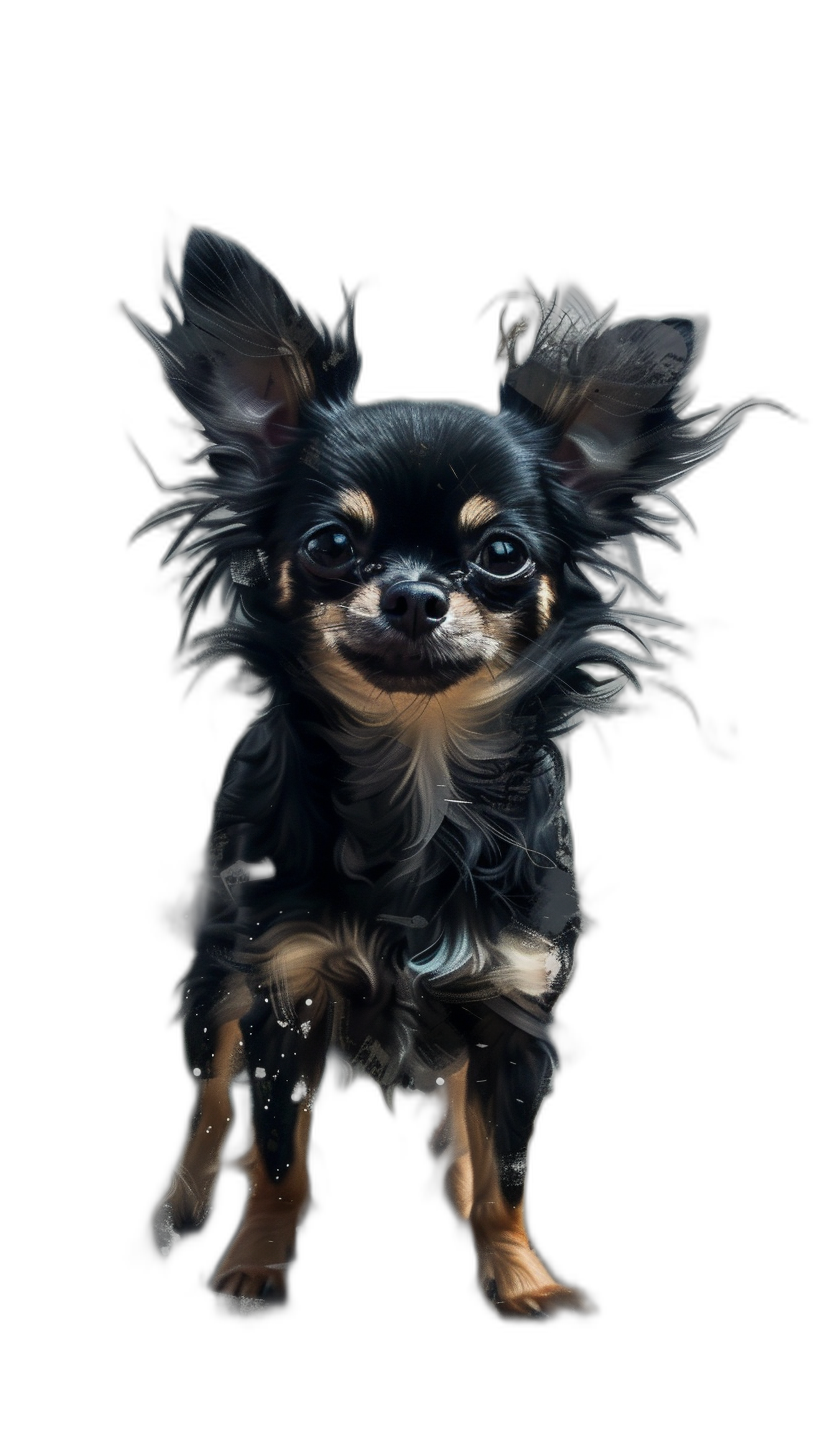 In the style of digital airbrushing, on a black background, a chihuahua dog depicted in full body from a front view, flying.