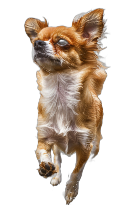 The long-haired Chihuahua is jumping in a full body shot in the style of hyperrealistic, with high definition photography against a black background.