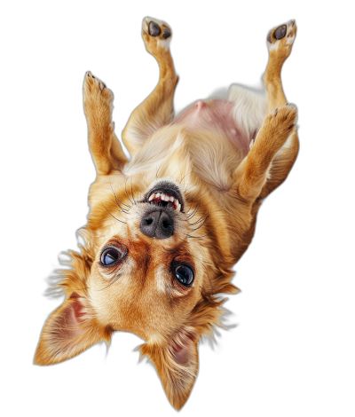 View from above of a chihuahua hanging upside down on its back, mouth open showing teeth with a funny expression, with photo realistic details, on an isolated black background.