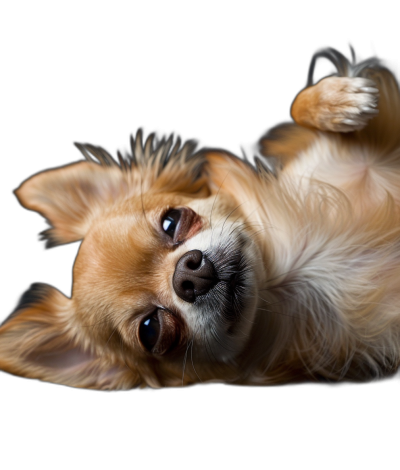 A cute little light brown longhaired Chihuahua dog lying on its back, looking up at the camera with big eyes and an open mouth, pure black background, studio photography, soft lighting, studio shot, high definition