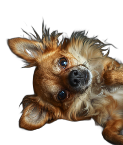 photorealistic portrait of cute and happy long hair chihuahua, looking up at the camera, playing on black background, shot with Canon EOS R5